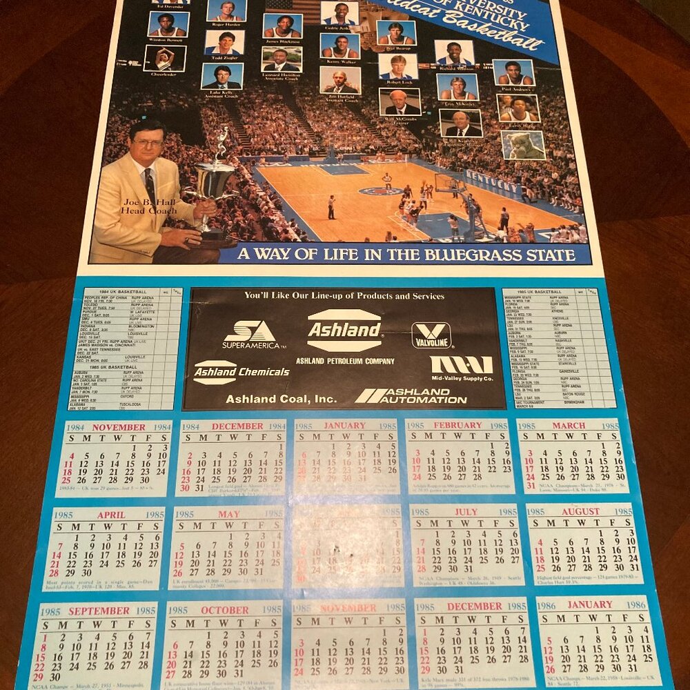 Vintage 84-85 Kentucky UK Wildcats Basketball Schedule Poster Joe B Hall BBN